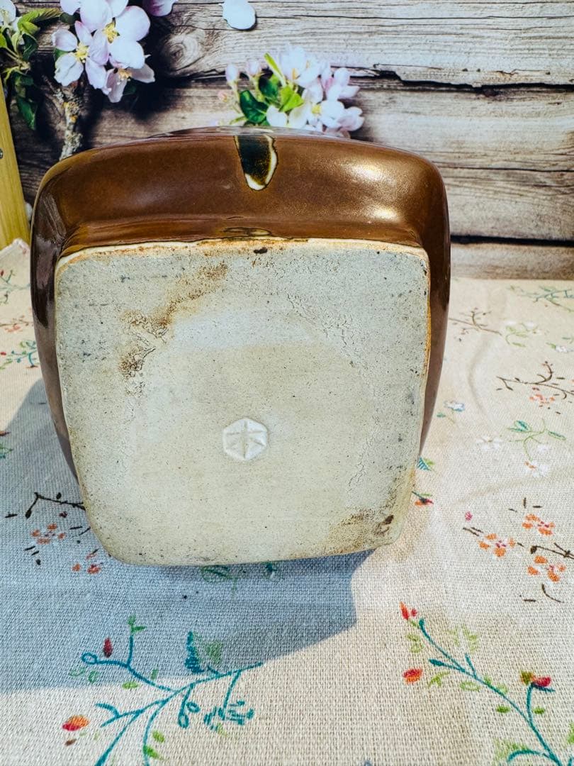 益子焼　名工　木村一郎 作　柿釉　草花文様扁壺　花入れ　茶道具　茶器　民芸　民藝