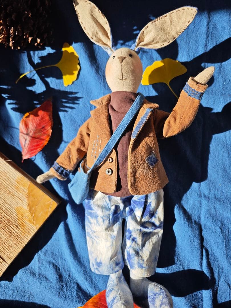 ハンドメイド 藍染柿 渋染め 刺し子 手作り ぬいぐるみ うさぎカップル