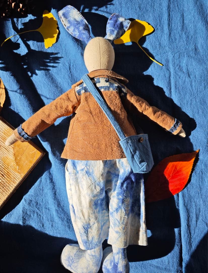 ハンドメイド 藍染柿 渋染め 刺し子 手作り ぬいぐるみ うさぎカップル