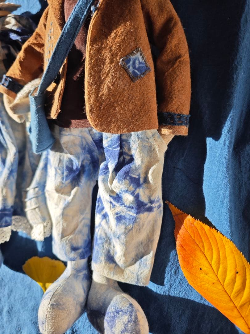 ハンドメイド 藍染柿 渋染め 刺し子 手作り ぬいぐるみ うさぎカップル