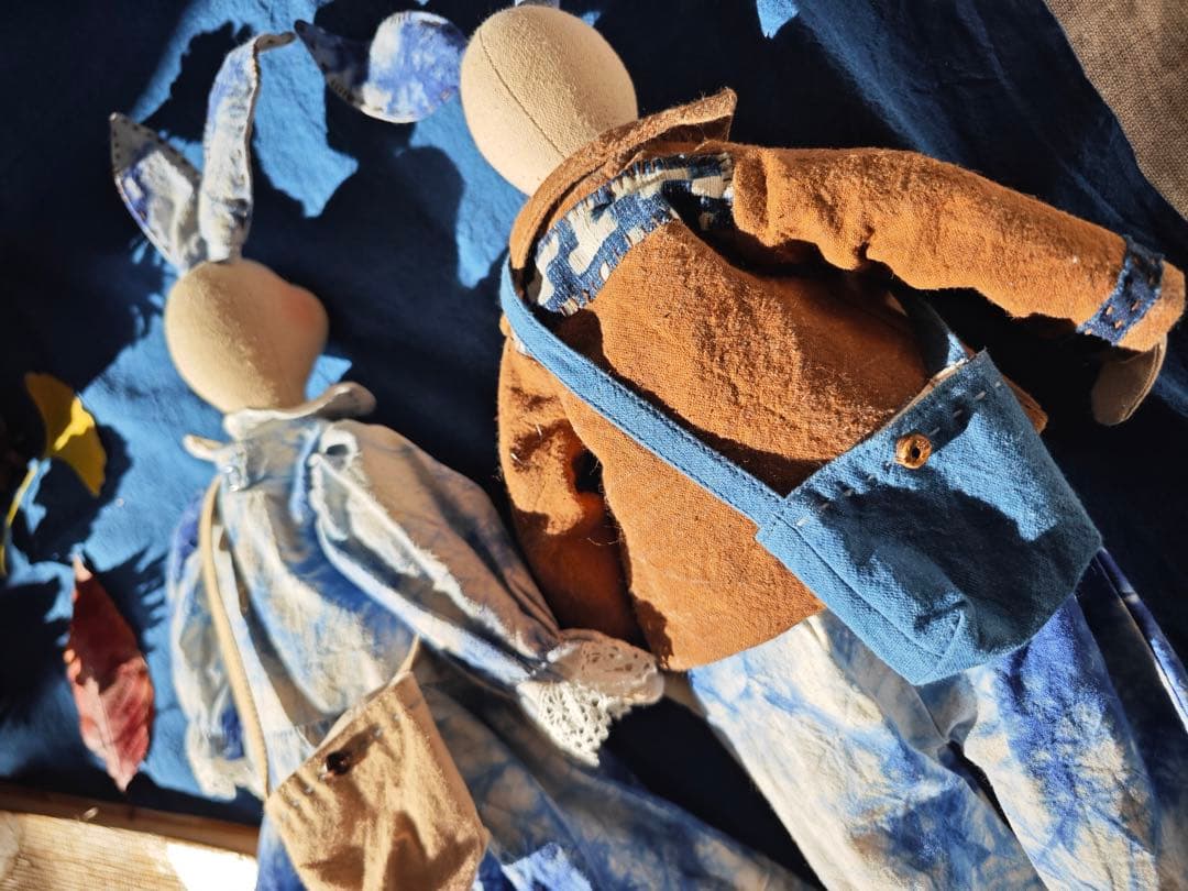 ハンドメイド 藍染柿 渋染め 刺し子 手作り ぬいぐるみ うさぎカップル