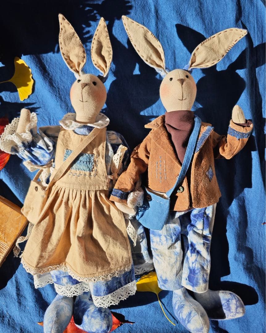 ハンドメイド 藍染柿 渋染め 刺し子 手作り ぬいぐるみ うさぎカップル