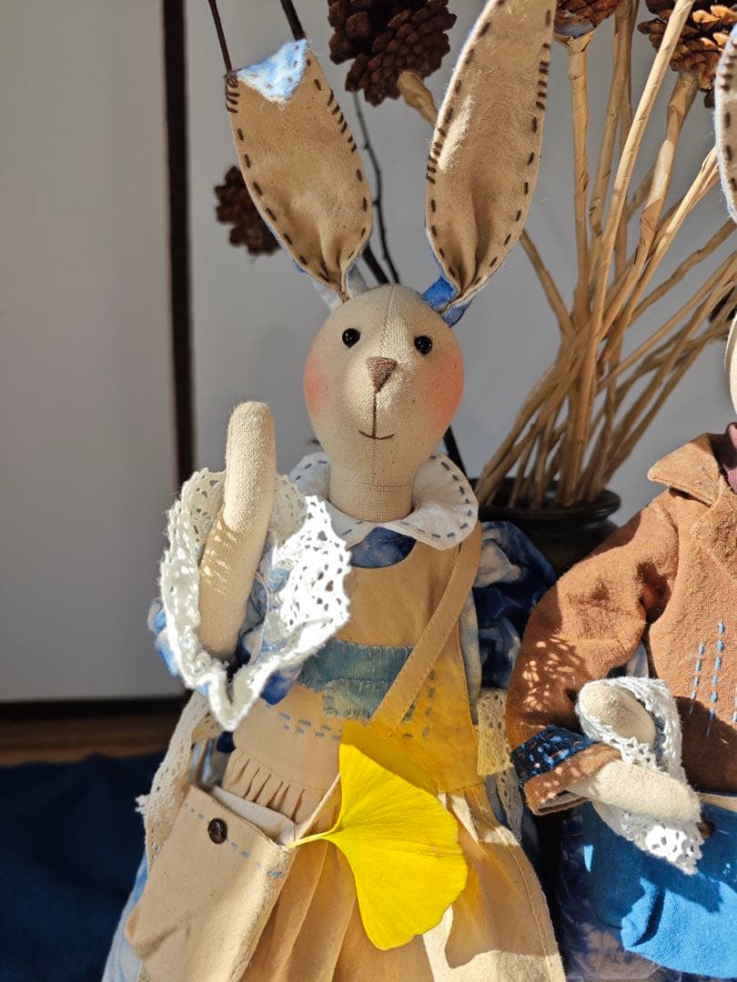 ハンドメイド 藍染柿 渋染め 刺し子 手作り ぬいぐるみ うさぎカップル