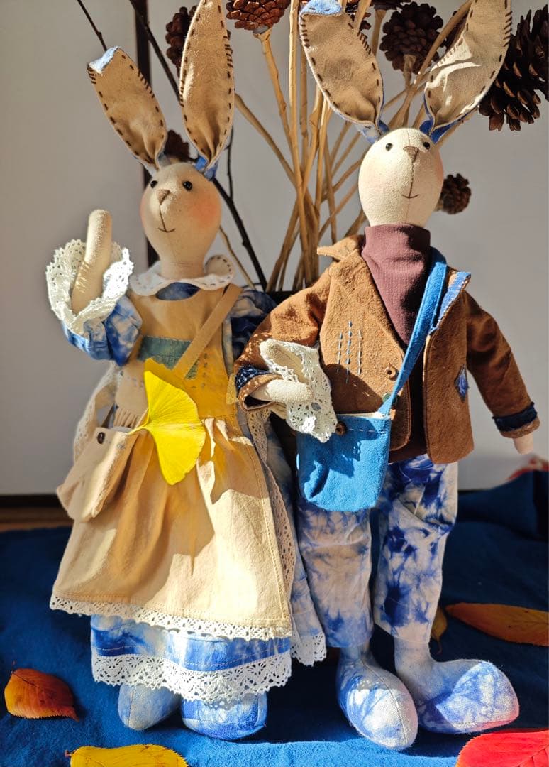 ハンドメイド 藍染柿 渋染め 刺し子 手作り ぬいぐるみ うさぎカップル