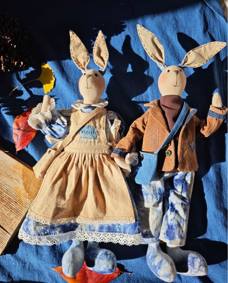 ハンドメイド 藍染柿 渋染め 刺し子 手作り ぬいぐるみ うさぎカップル