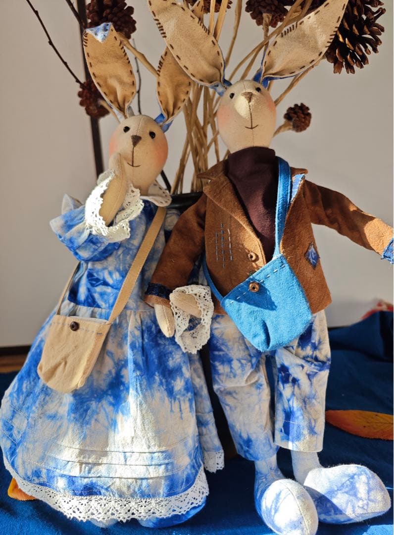 ハンドメイド 藍染柿 渋染め 刺し子 手作り ぬいぐるみ うさぎカップル