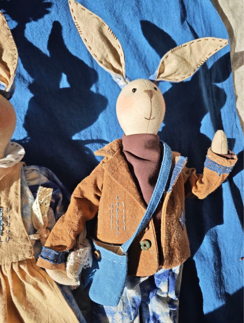 ハンドメイド 藍染柿 渋染め 刺し子 手作り ぬいぐるみ うさぎカップル
