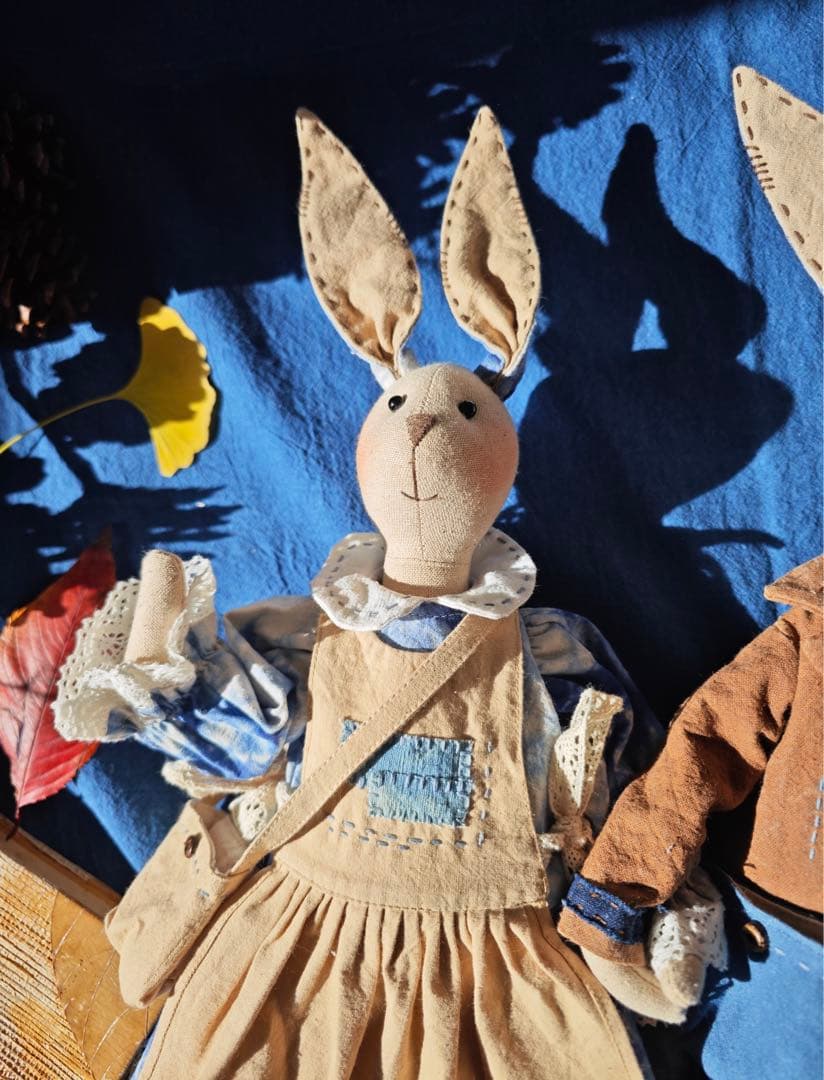 ハンドメイド 藍染柿 渋染め 刺し子 手作り ぬいぐるみ うさぎカップル