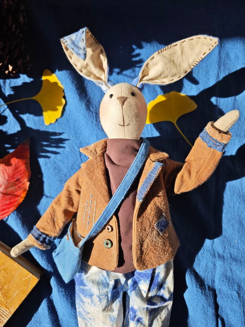 ハンドメイド 藍染柿 渋染め 刺し子 手作り ぬいぐるみ うさぎカップル