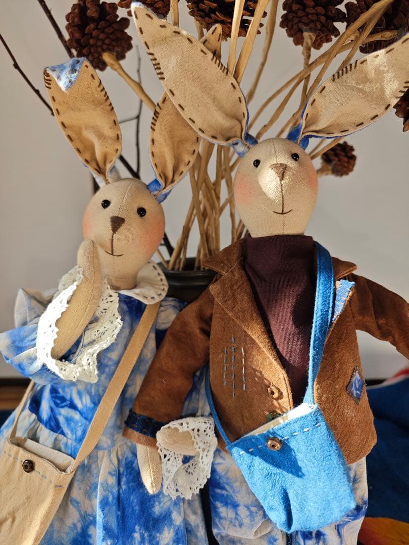 ハンドメイド 藍染柿 渋染め 刺し子 手作り ぬいぐるみ うさぎカップル