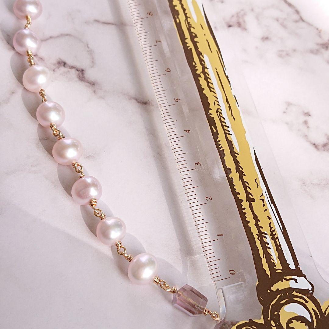 14kgf 天然石スコロライト、アメトリン、真珠のロングネックレス　ハンドメイド