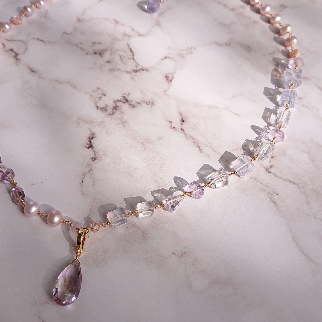 14kgf 天然石スコロライト、アメトリン、真珠のロングネックレス　ハンドメイド