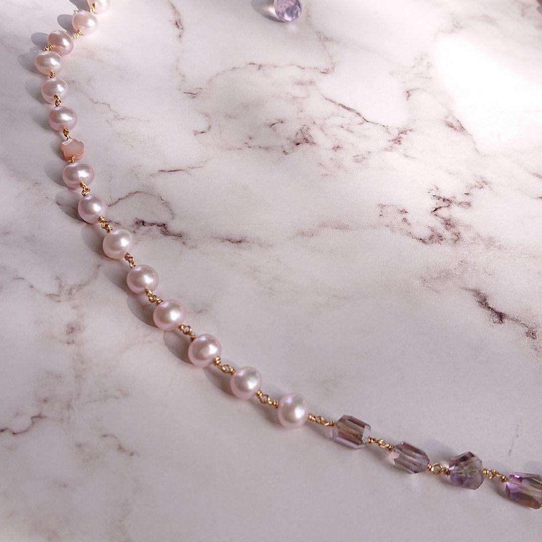 14kgf 天然石スコロライト、アメトリン、真珠のロングネックレス　ハンドメイド