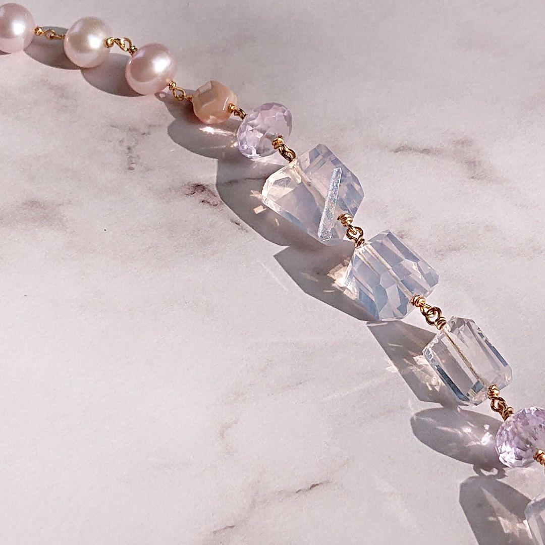 14kgf 天然石スコロライト、アメトリン、真珠のロングネックレス　ハンドメイド