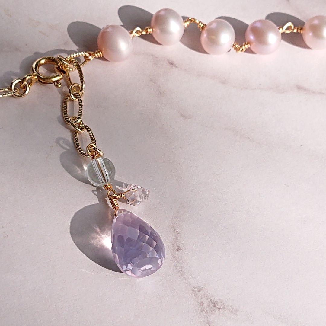 14kgf 天然石スコロライト、アメトリン、真珠のロングネックレス　ハンドメイド