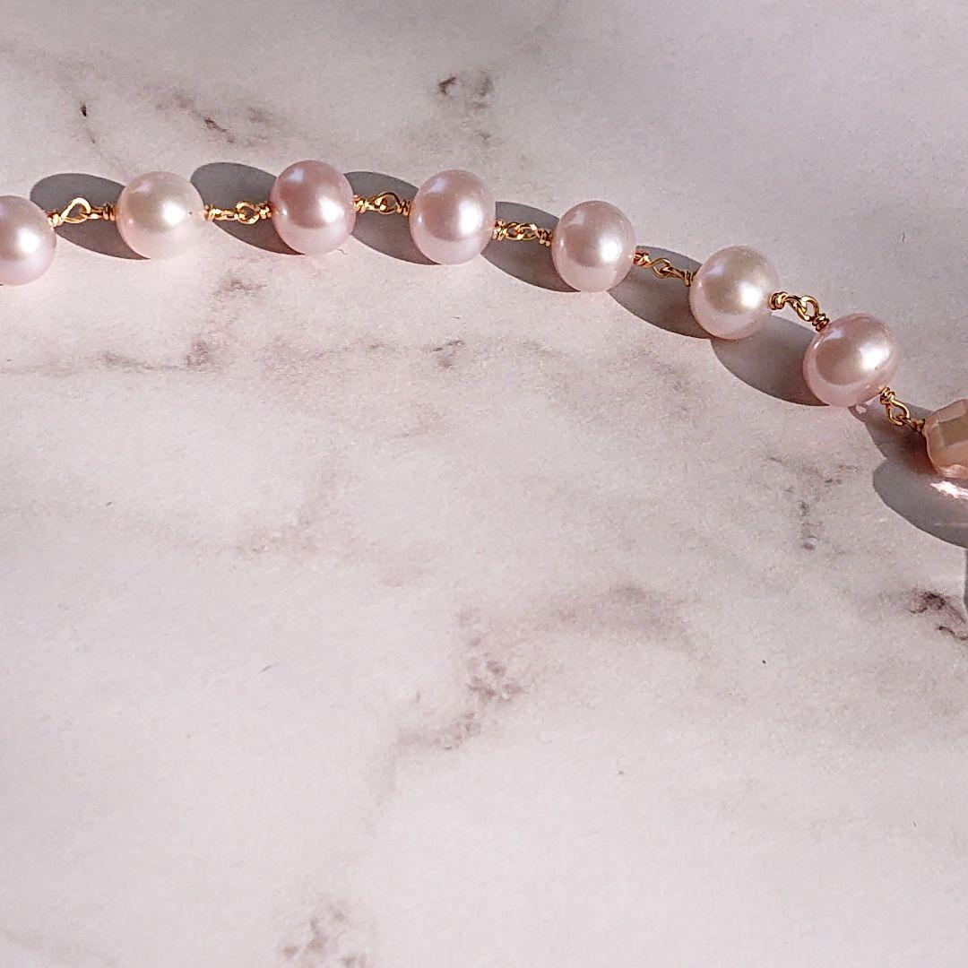 14kgf 天然石スコロライト、アメトリン、真珠のロングネックレス　ハンドメイド