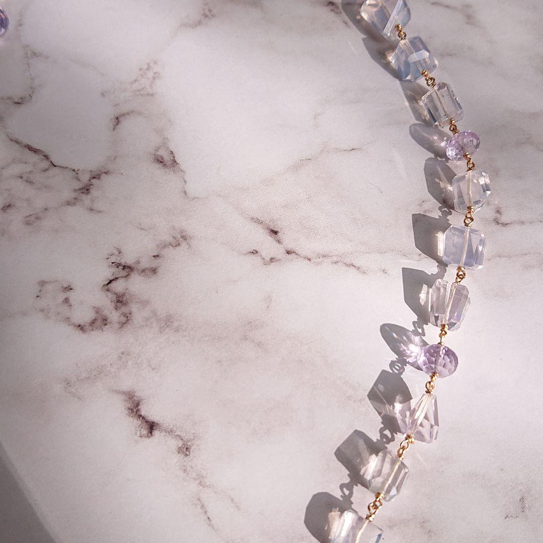 14kgf 天然石スコロライト、アメトリン、真珠のロングネックレス　ハンドメイド