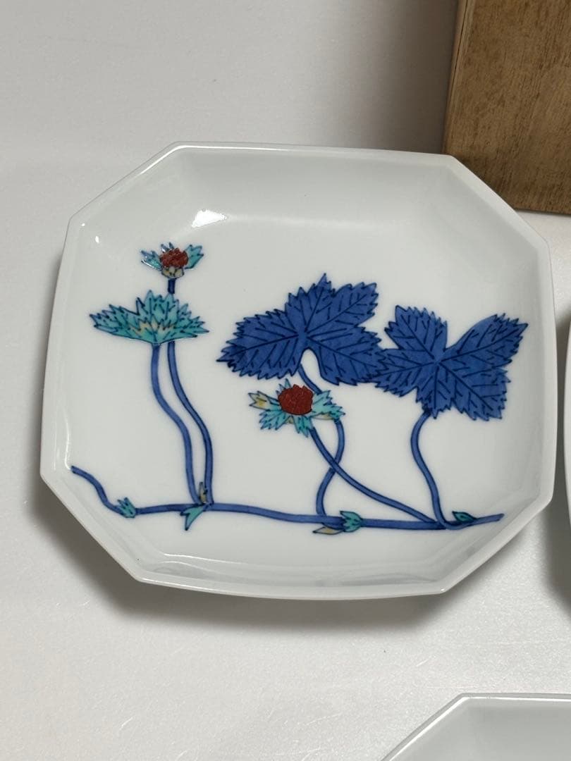 【未使用】今泉今右衛門　錦苺絵銘々皿　5枚組　角皿