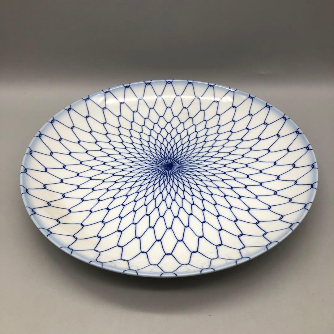 有田焼玄島窯お花絵付け皿20cm&藍色網目模様皿24cmセットビンテージ食器