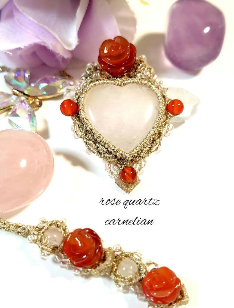 閲覧用♡ローズクォーツ、カーネリアンマクラメネックレス