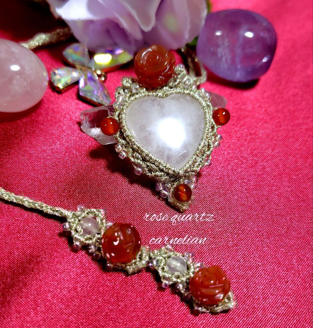 閲覧用♡ローズクォーツ、カーネリアンマクラメネックレス