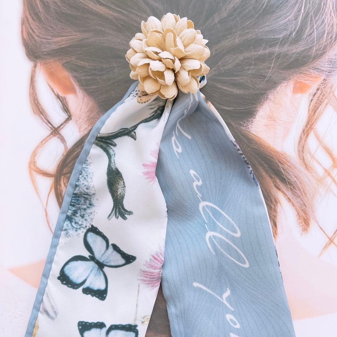 限定①ライラック系/92cmロング♪スカーフリボンのフラワーマムのヘアゴム♥️