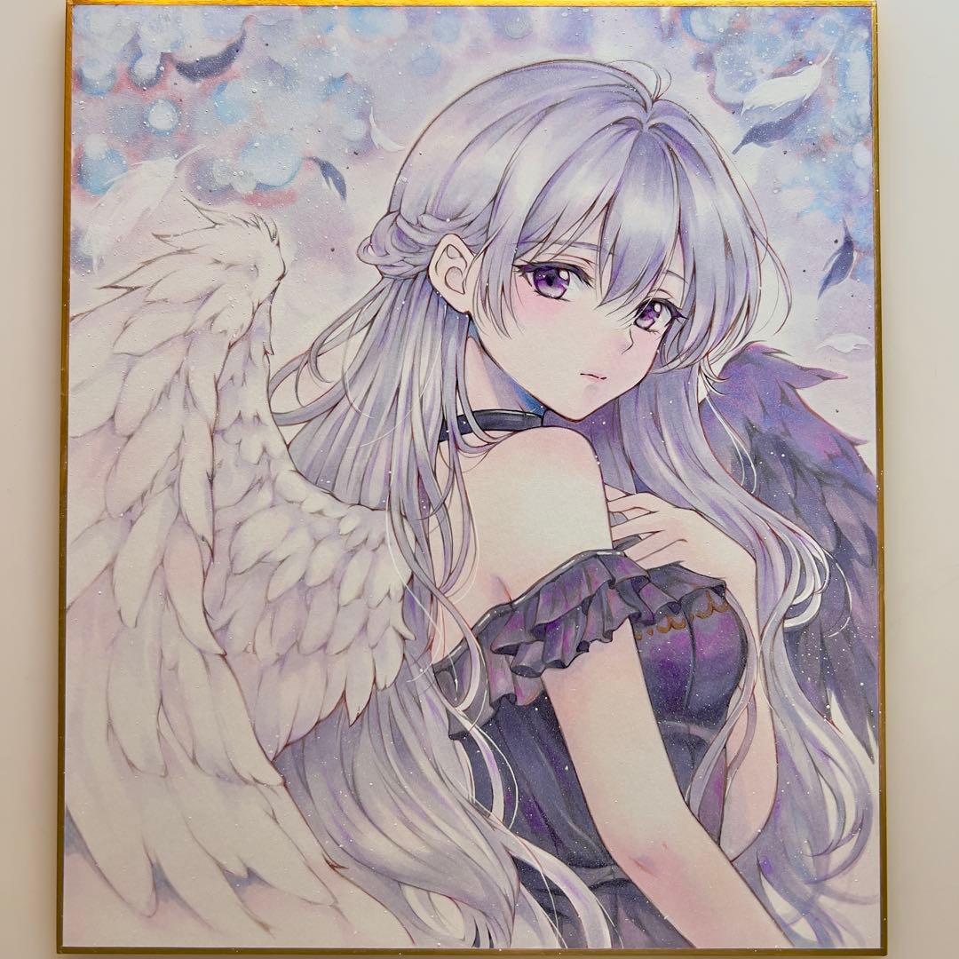 ミ*ト様 手描きイラスト＊白翼の堕天使＊紫の瞳＊原画 コピック 色紙イラスト