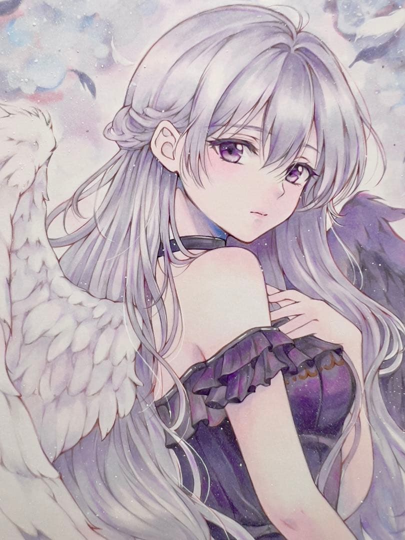 ミ*ト様 手描きイラスト＊白翼の堕天使＊紫の瞳＊原画 コピック 色紙イラスト