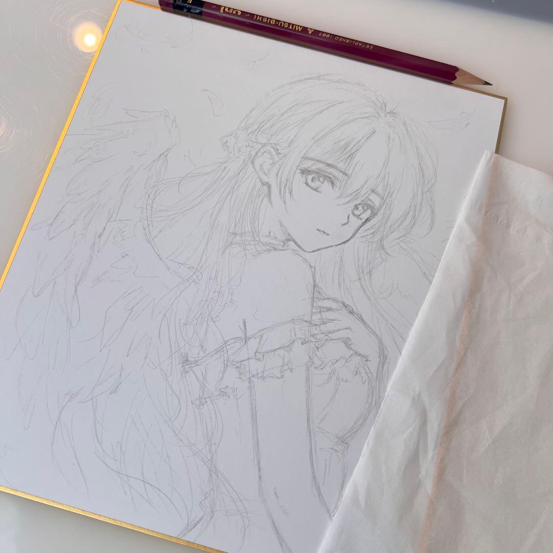 ミ*ト様 手描きイラスト＊白翼の堕天使＊紫の瞳＊原画 コピック 色紙イラスト