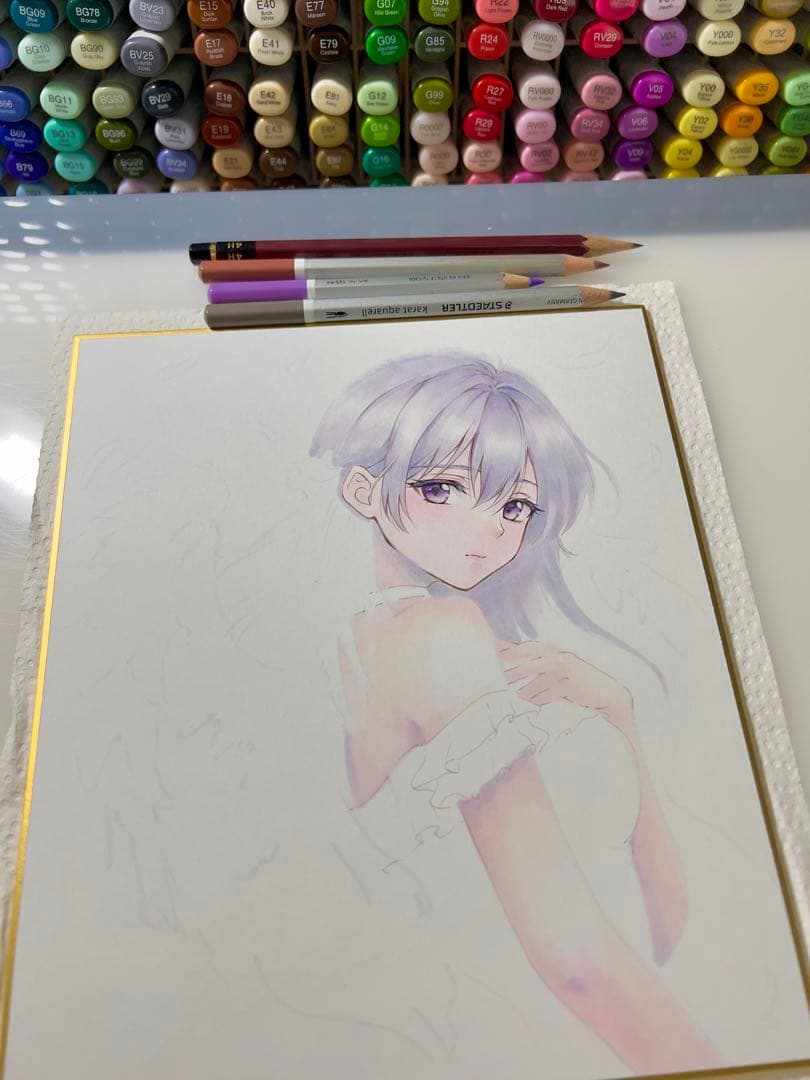 ミ*ト様 手描きイラスト＊白翼の堕天使＊紫の瞳＊原画 コピック 色紙イラスト