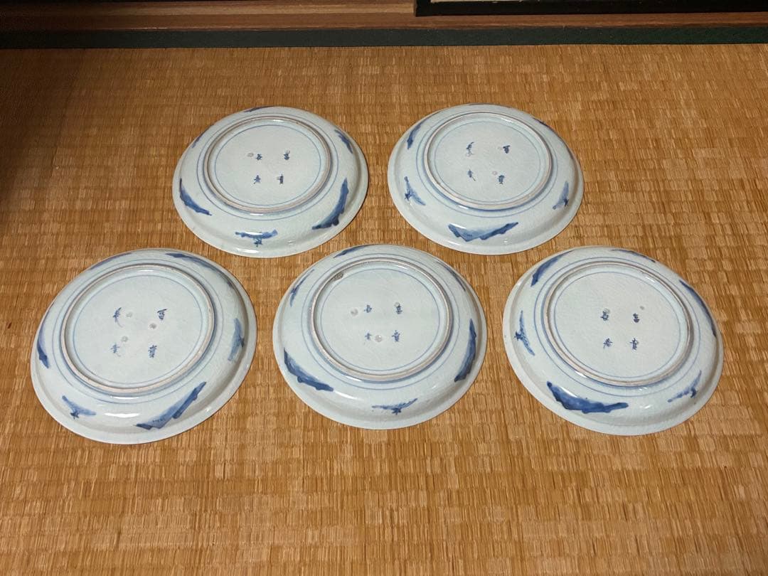 古伊万里 染付 竹林賢人図 富貴長春 五枚揃い 時代物