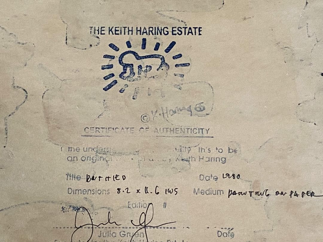 肉筆 サインあり キース ヘリング 油彩 原画 財団証明印 KHスタンプ 模写