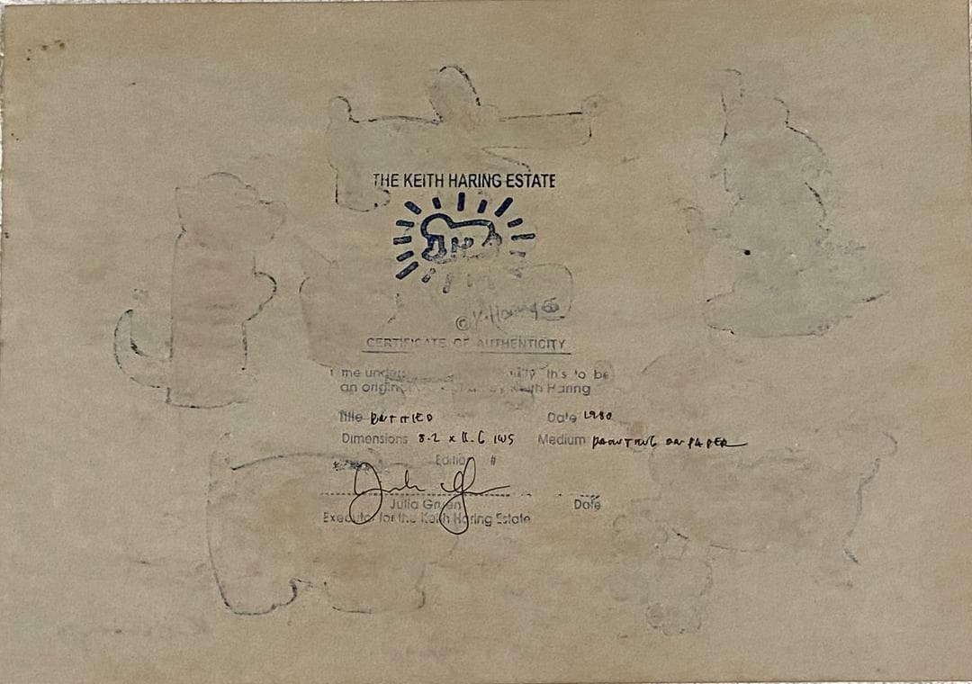 肉筆 サインあり キース ヘリング 油彩 原画 財団証明印 KHスタンプ 模写
