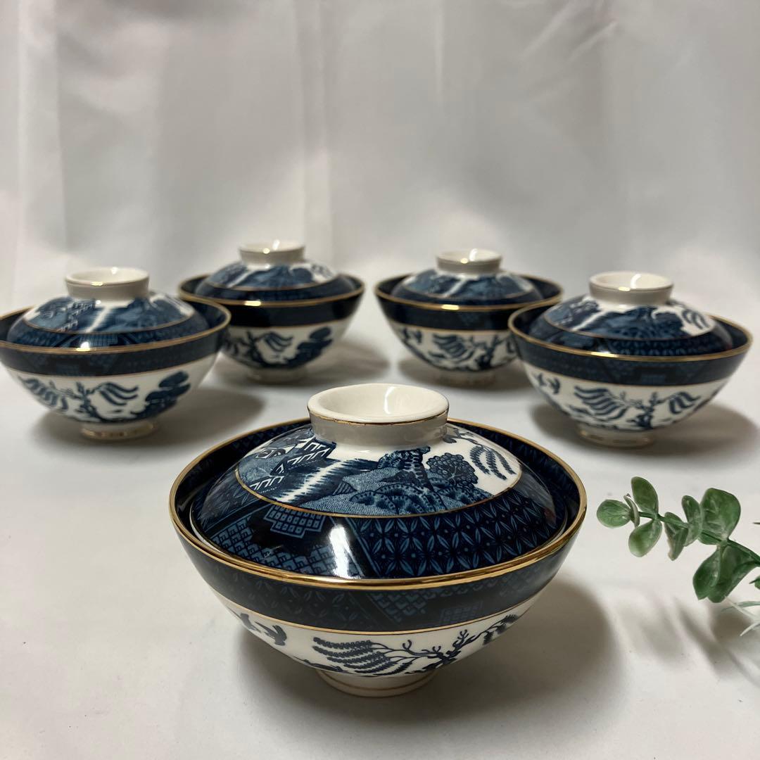 ニッコー　ダブルフェニックス　蓋つき茶碗5客　ウィローパターン　山水　レトロレア