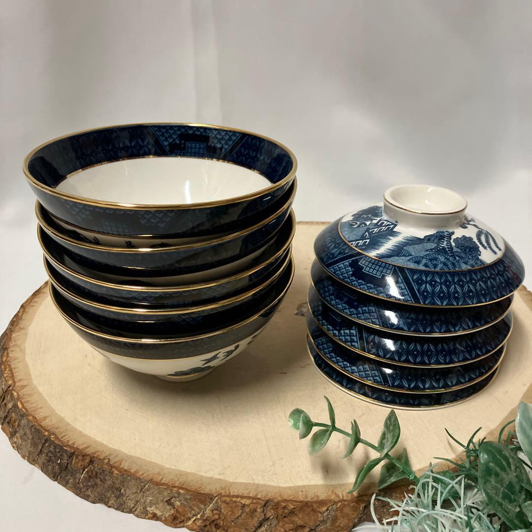 ニッコー　ダブルフェニックス　蓋つき茶碗5客　ウィローパターン　山水　レトロレア