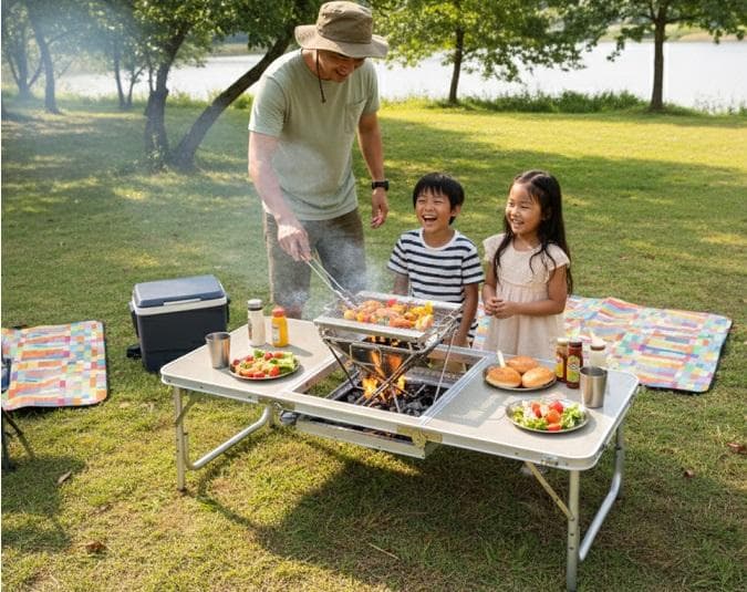 2WAYバーベキューテーブルOW-150 高さ変更可 ケース付 BBQテーブル