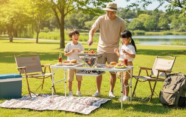 2WAYバーベキューテーブルOW-150 高さ変更可 ケース付 BBQテーブル