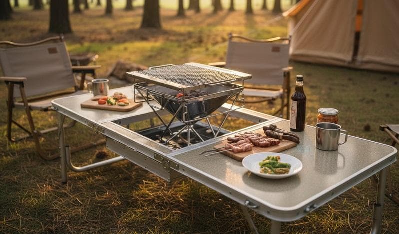 2WAYバーベキューテーブルOW-150 高さ変更可 ケース付 BBQテーブル