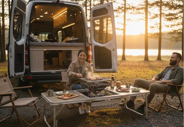 2WAYバーベキューテーブルOW-150 高さ変更可 ケース付 BBQテーブル