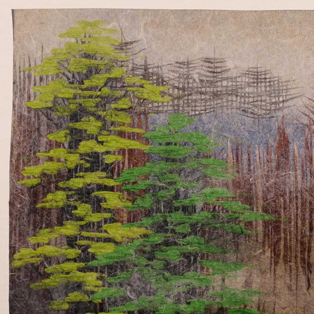 和紙工芸第一人者 山内一生 手漉和紙工芸『山湖』約6号 額装 共シール 真作保証