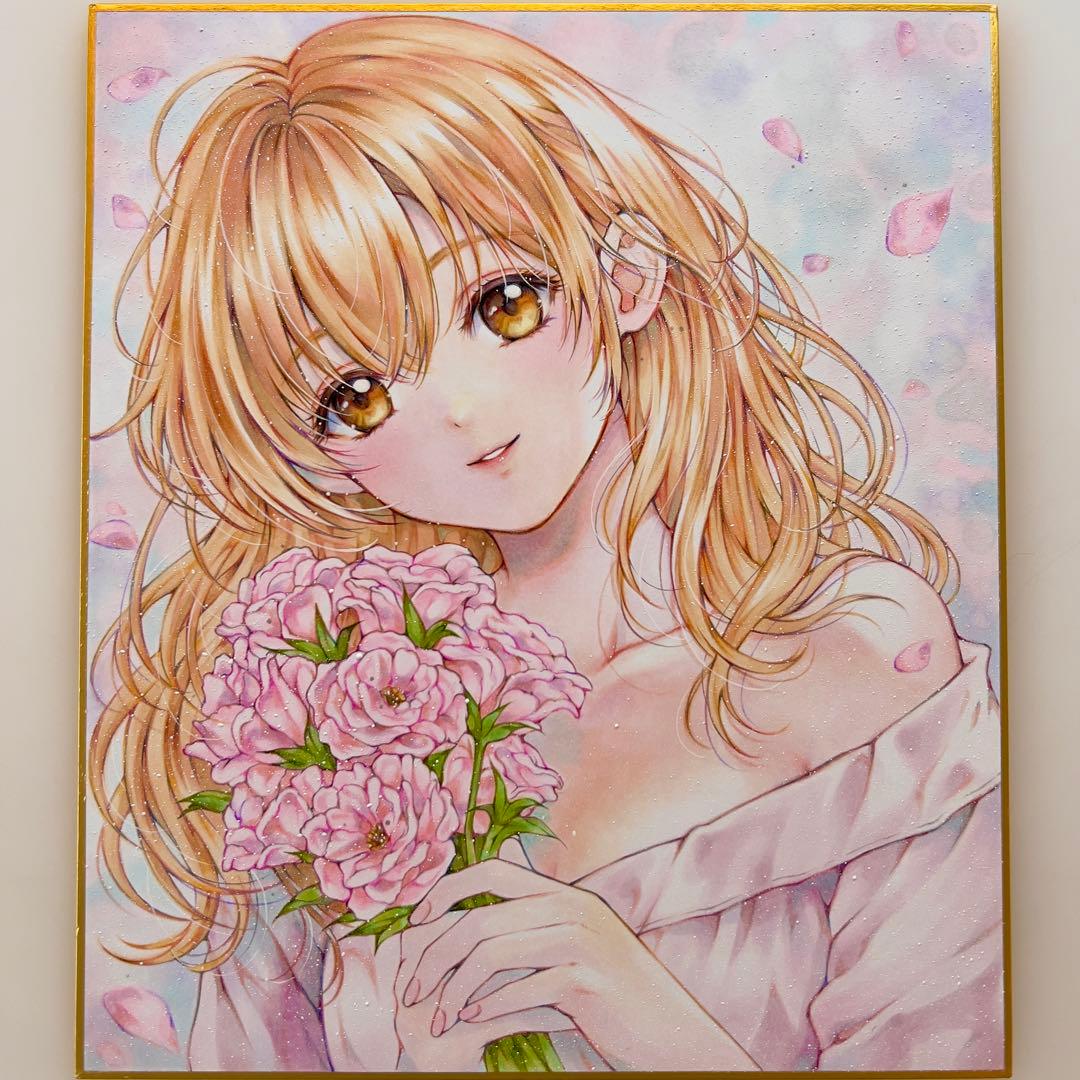 d*3様 手描きイラスト＊春風とトルコギキョウ＊花束の少女＊原画 コピック 色紙