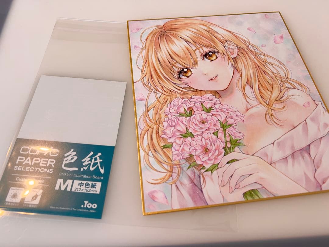 d*3様 手描きイラスト＊春風とトルコギキョウ＊花束の少女＊原画 コピック 色紙