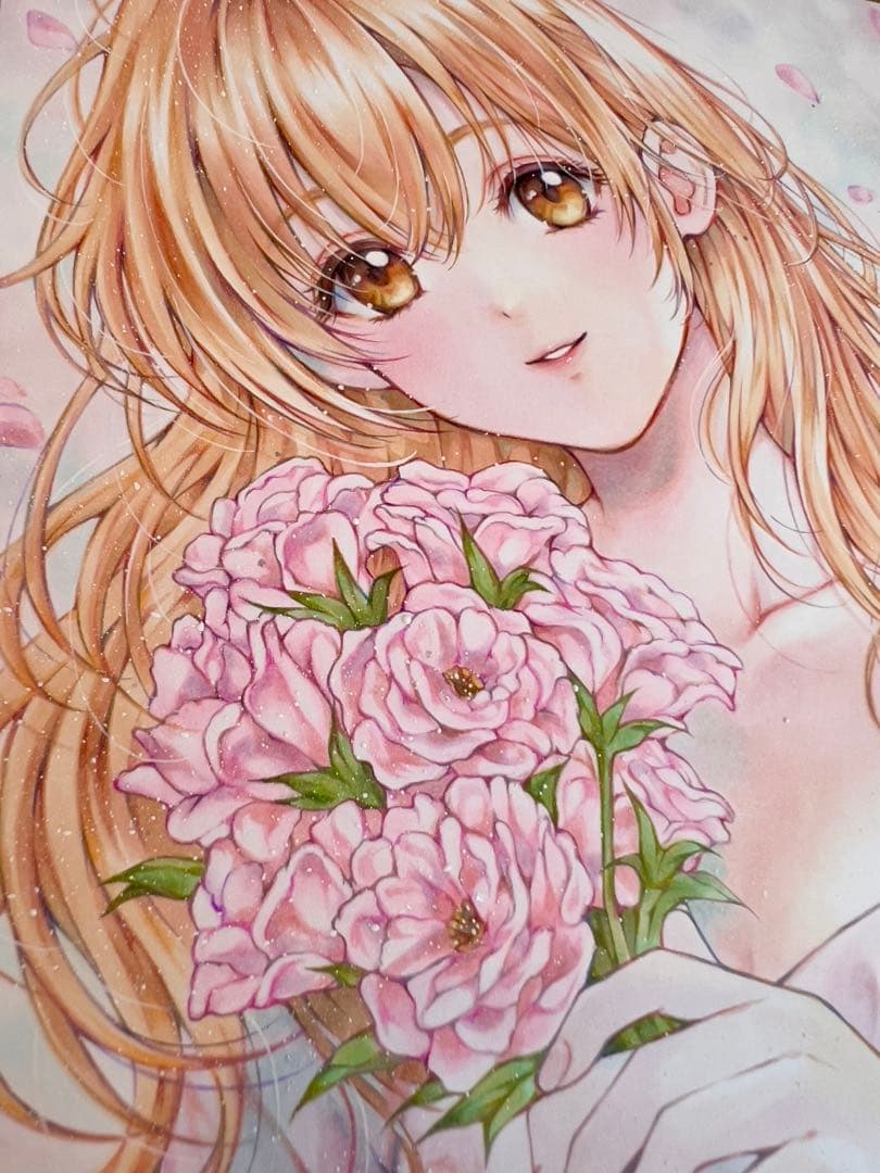 d*3様 手描きイラスト＊春風とトルコギキョウ＊花束の少女＊原画 コピック 色紙