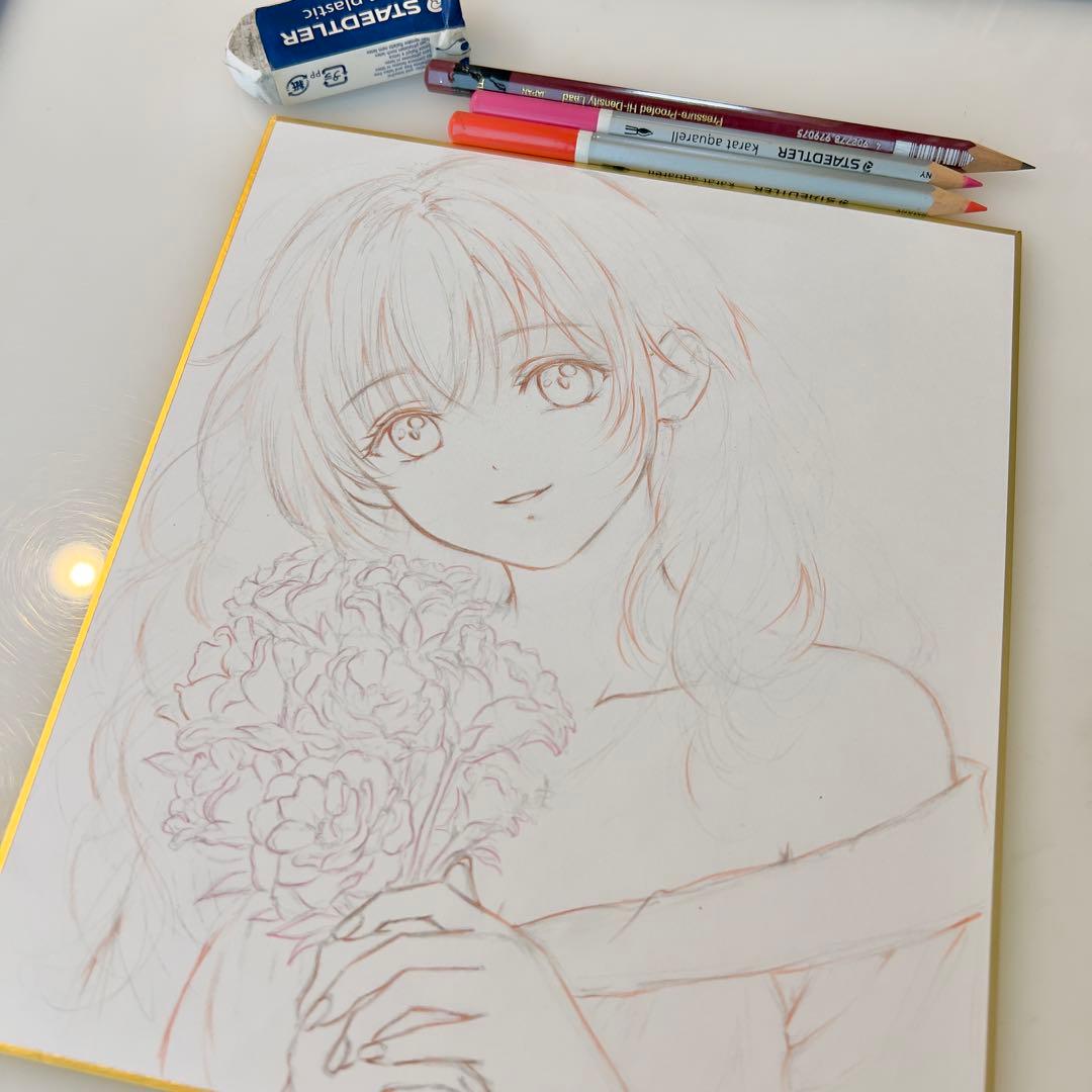d*3様 手描きイラスト＊春風とトルコギキョウ＊花束の少女＊原画 コピック 色紙