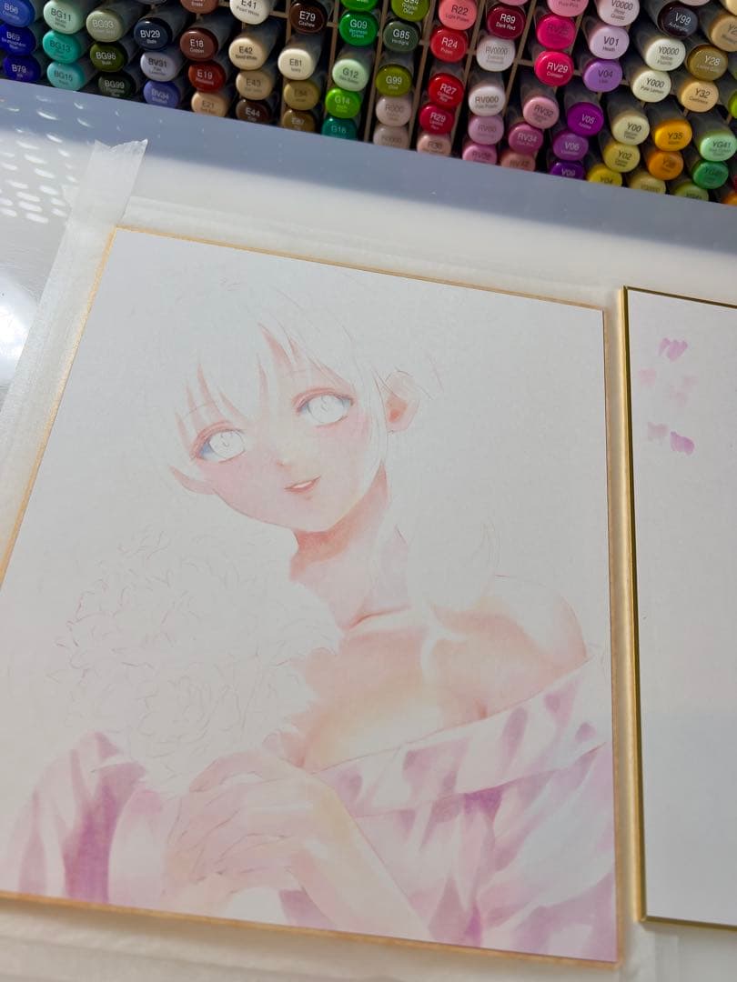 d*3様 手描きイラスト＊春風とトルコギキョウ＊花束の少女＊原画 コピック 色紙