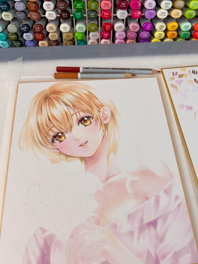 d*3様 手描きイラスト＊春風とトルコギキョウ＊花束の少女＊原画 コピック 色紙