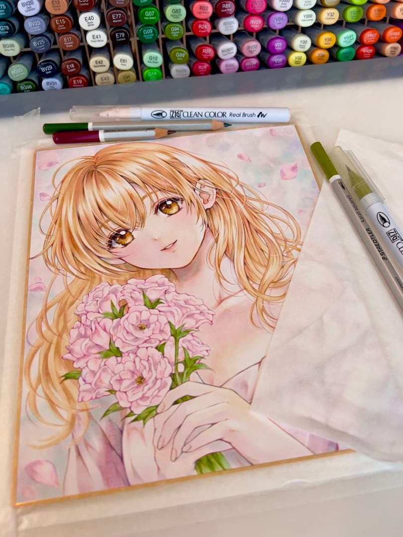 d*3様 手描きイラスト＊春風とトルコギキョウ＊花束の少女＊原画 コピック 色紙