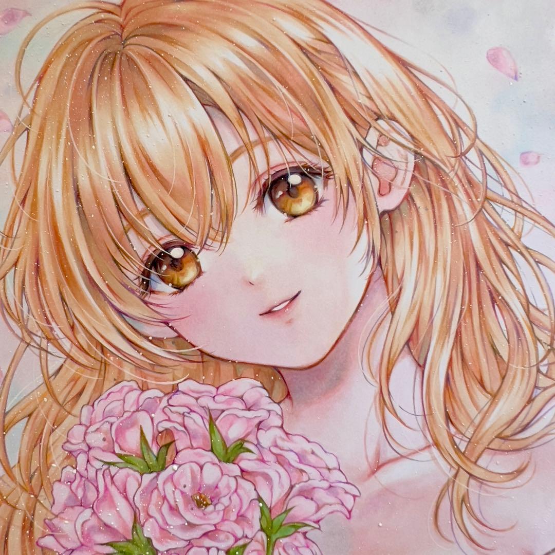 d*3様 手描きイラスト＊春風とトルコギキョウ＊花束の少女＊原画 コピック 色紙