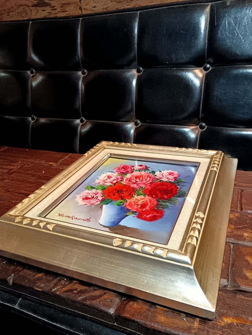 岸本芳雄 油彩　キャンバス　薔薇　花　バラ　F3号 赤　ピンク　シルバー