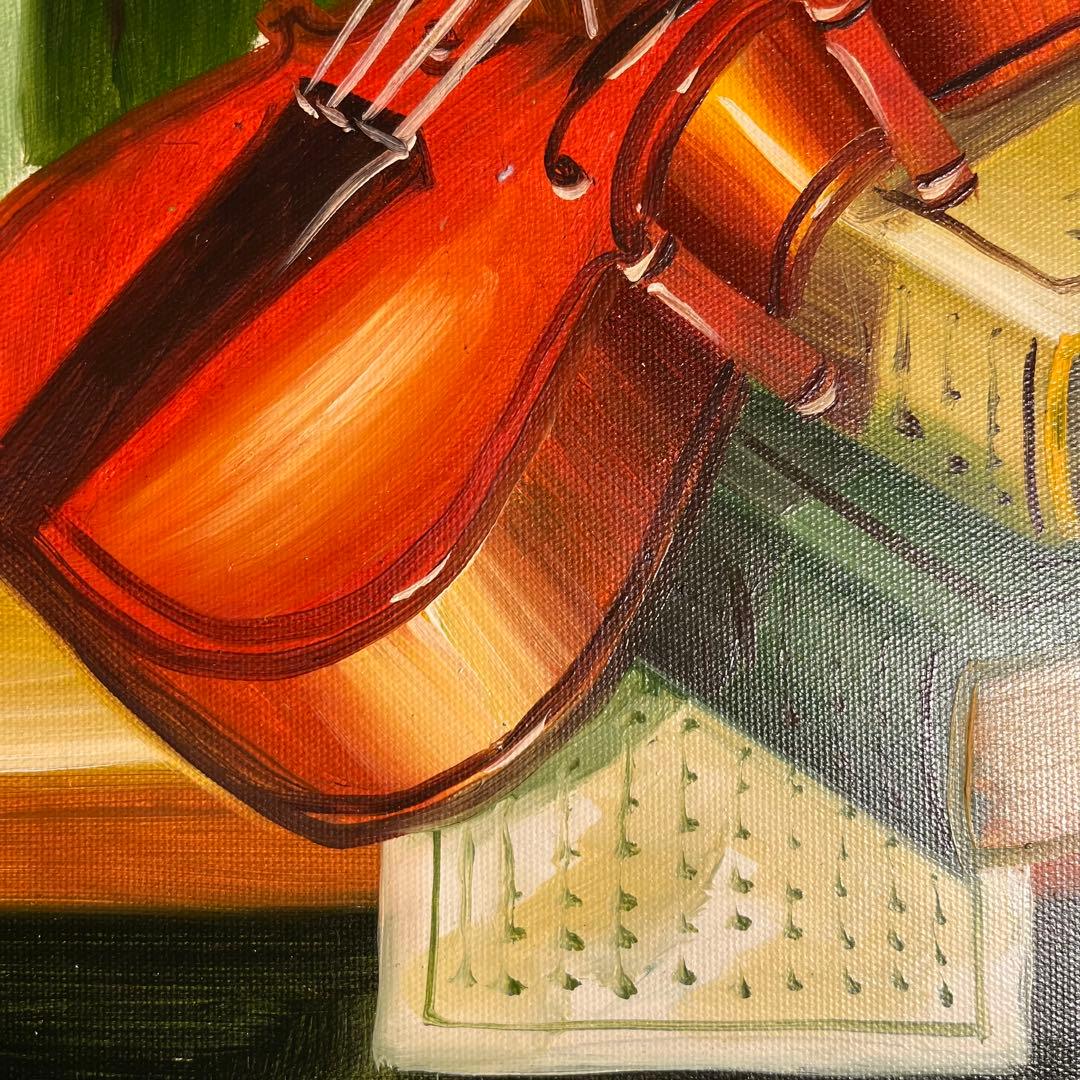 手書き油絵 バイオリンと本 額付 絵画 インテリア 油彩画